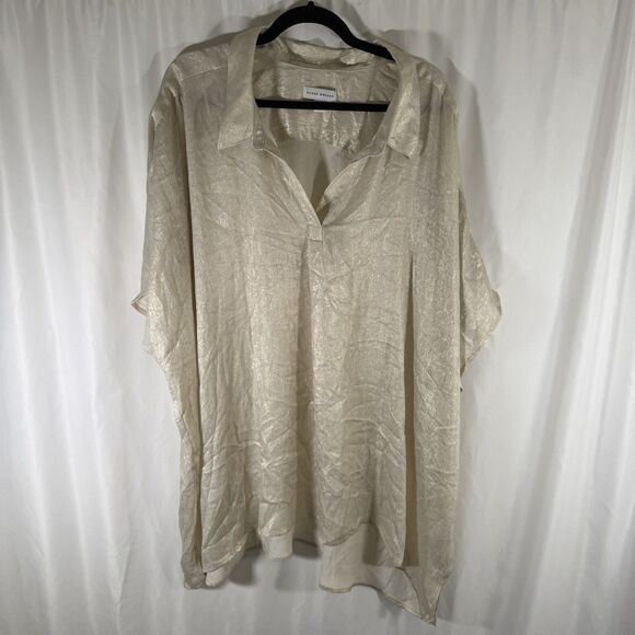 Susan Graver Blouse Women's 5X Metallic Cream Gold Collared Short Sleeve V Neck - Picture 1 of 10